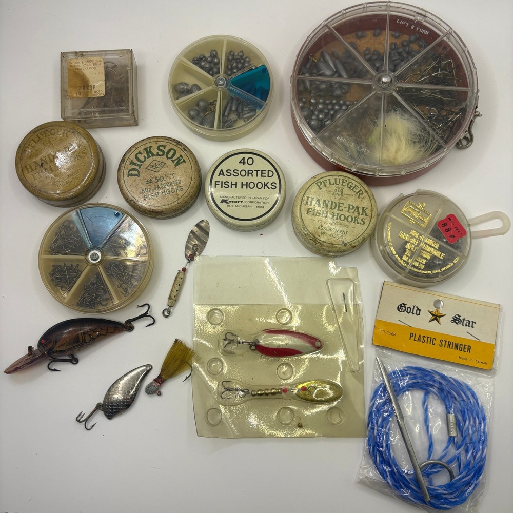 Vintage Fishing Gear Lot Pflueger Dickson Eagle Claw Lures Hooks Sinkers Tins